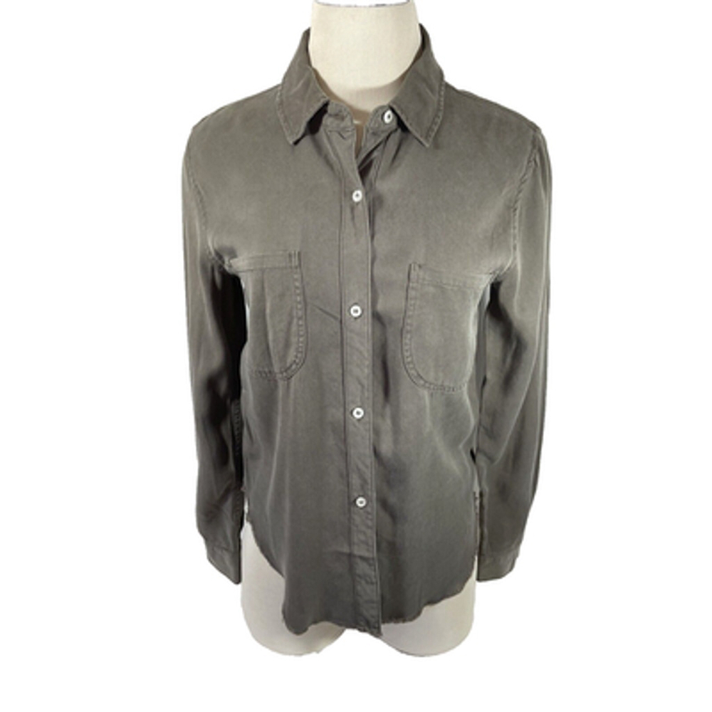 Elan Button Up Shirt Women's XXS Brown Long Sleeve Pockets Raw Hem Tencel